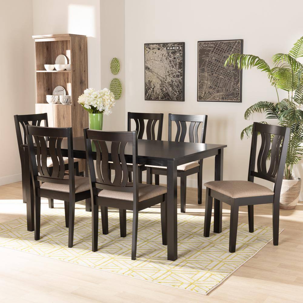 Fenton Sand Fabric & Dark Brown Wood 7-Piece Dining Set