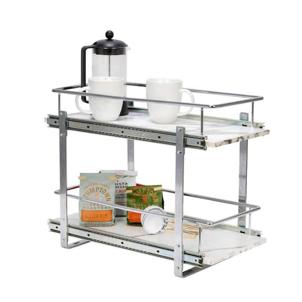HOUSEHOLD ESSENTIALS Faux Marble and Chrome Sliding Dual Under the Sink 2-Tier Shelving Unit 12 in. W x 16.25 in. H x 21.75 in. D