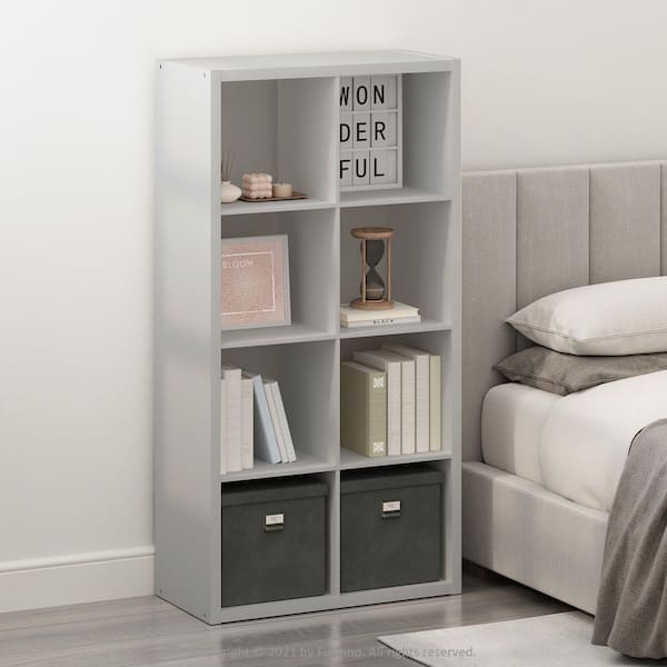 Furinno Simple 57.91 in. Tall Light Grey Wood 8-Cube Bookcase