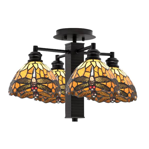 Unbranded Albany 18.75 in. 4-Light Espresso Semi-Flush with Amber Dragonfly Art Glass Shades
