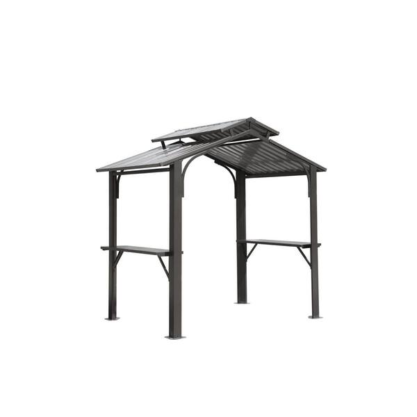 8 ft. x 5 ft. Grey Hardtop Grill Gazebo with 2 Side Shelves and Ceiling Hook for Patio Deck Yard Garden