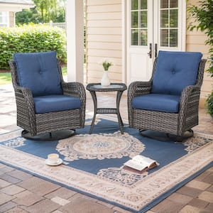 Gray 3-Piece Wicker Outdoor Rocking Chair Patio Conversation Set with Blue Cushions and Side Table