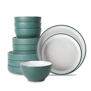 Christian Siriano Larosso 12-Piece Dinnerware Set Stoneware, Service for 4, Green/White