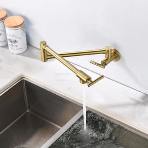 Double Handle Commercial Wall Mount Pot Filler Kithen Faucet with Drip Free, Cold Pot Filler Faucet in Brushed Gold