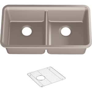Cairn Undermount Neoroc Granite Composite 33.5 in. Double Bowl Kitchen Sink Kit in Matte Taupe