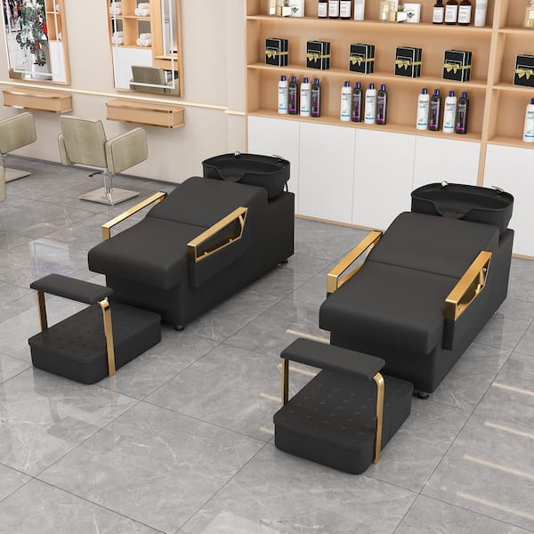 PU Leather Reclining Shampoo Bowl and Chair in Black, ABS Backwash Barber Sink w/Separate Footstool Hair Washing Station