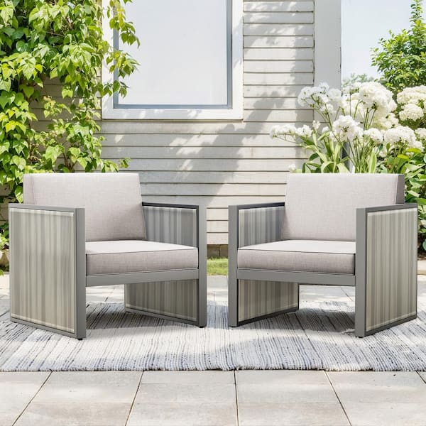 moosprr Modern Industrial Porch Light Beige Wicker Outdoor Lounge Chair with Olefin Light Gray Cushions (2-Pack)
