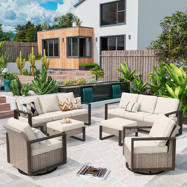Wicker 8 Seat 6-Piece Steel Outdoor Patio Conversation Set with Beige Cushions