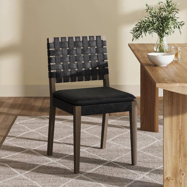 Cohen 19 in. Wood Mid-Century Modern Upholstered Dining Chair with Hand Woven Faux Leather Backrest, Black
