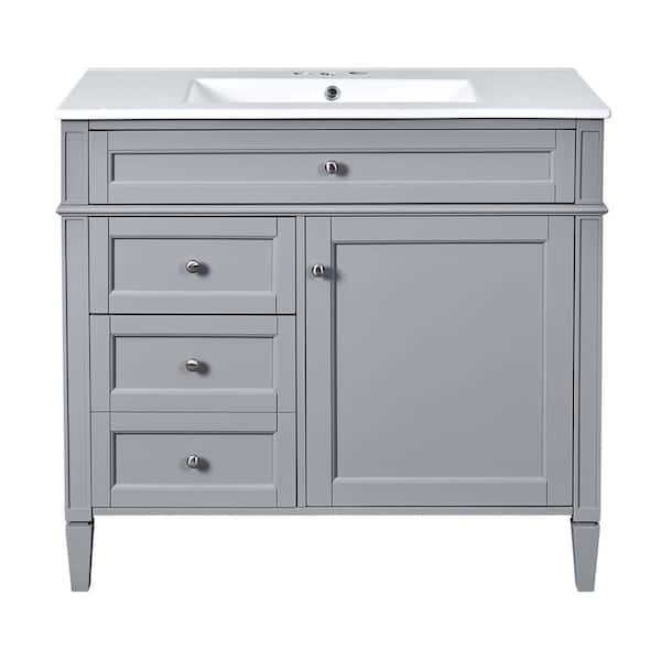 36 in. Freestanding Grey Bath Vanity with White Ceramic Sink Top 2 Drawers and a Tip-out Drawer
