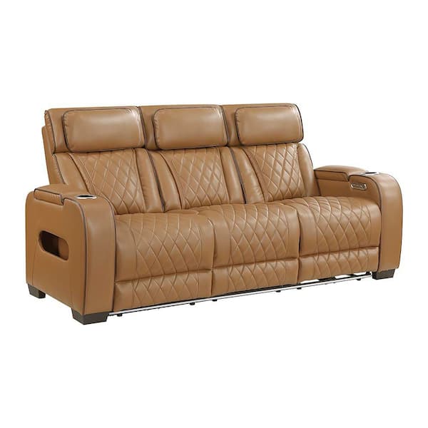 Clumber 84 in. W Pillow Top Arm Faux Leather Rectangle Power Double Reclining Sofa with Center Console in Brown