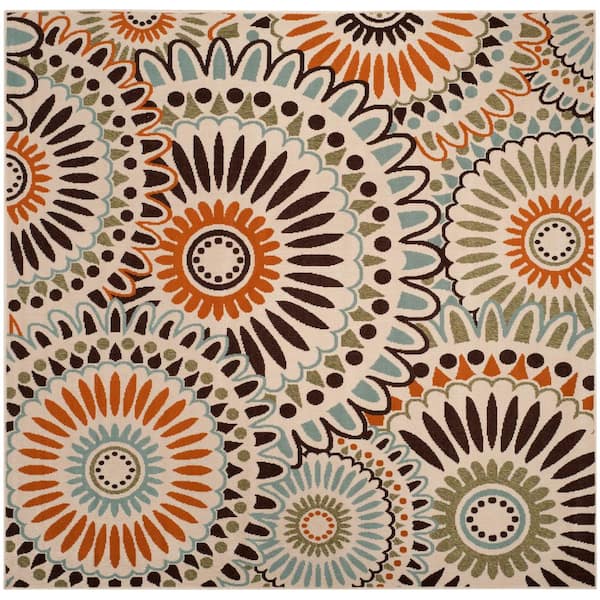 SAFAVIEH Veranda Cream/Chocolate 8 ft. x 8 ft. Floral Geometric Indoor/Outdoor Patio  Square Area Rug