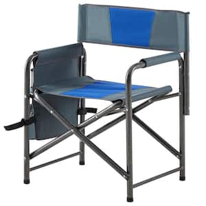 1-Piece Blue and Grey Aluminum Folding Outdoor Lawn Chairs with Side Table, Storage Pockets, Chair