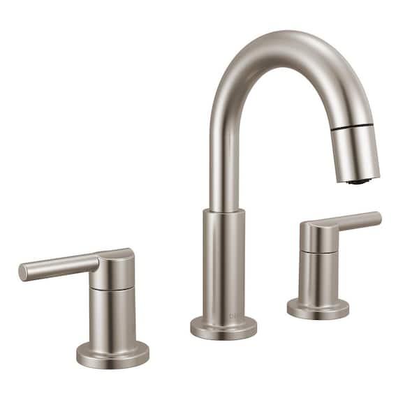 Nicoli Pull-Down Spout 8 in. Widespread Double Handle Bathroom Faucet Drain Included in Stainless