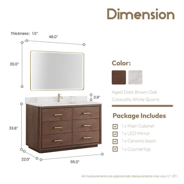 Porto 55 in. W x 22 in. D x 33.8 in. H Single Sink Bath Vanity in Aged Dark Brown Oak with White Quartz Stone Top