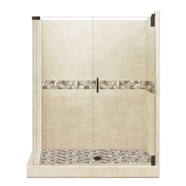 American Bath Factory Tuscany Grand Hinged 42 in. x 48 in. x 80 in. Right-Hand Corner Shower Kit in Brown Sugar and Old Bronze Hardware