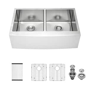 33 in. Farmhouse Apron 50/50 Double Bowl 16 Gauge Stainless Steel Round Corner Kitchen Sink with Strainer