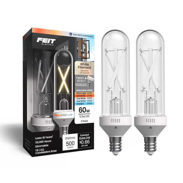 60-Watt Equiv. T8 Dimmable White Filament E12 Candelabra Edison Tubular Twist Select LED Light Bulb Selectable (2-Pack)