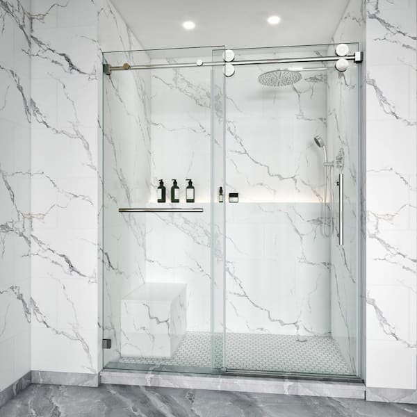 62-66 in. W x 76 in. H Single Sliding Frameless Shower Door Chrome3/8 in. Clear Glass with Towel Bar