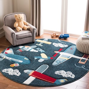 Carousel Kids Navy/Ivory 5 ft. x 5 ft. Geometric Round Area Rug