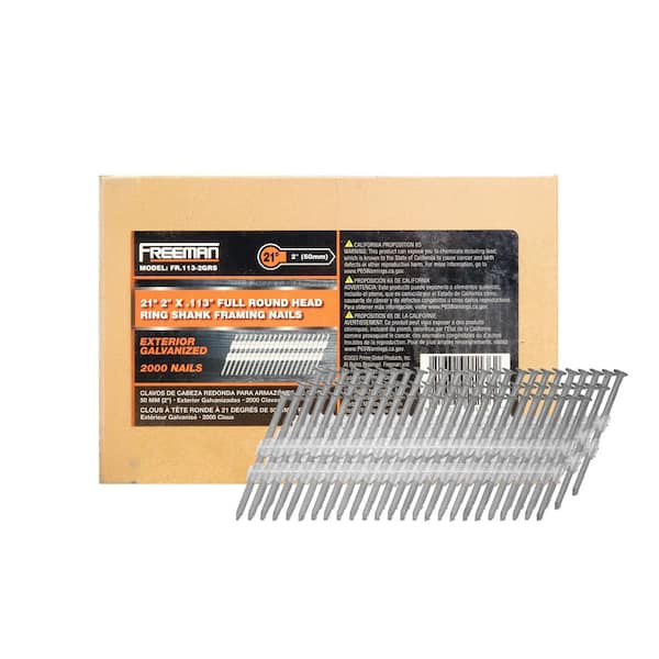 Freeman 21° .113 in. x 2 in. Plastic Collated Hot-Dipped Galvanized Ring Shank Framing Nails -2,000 Count- Corrosion-Resistant