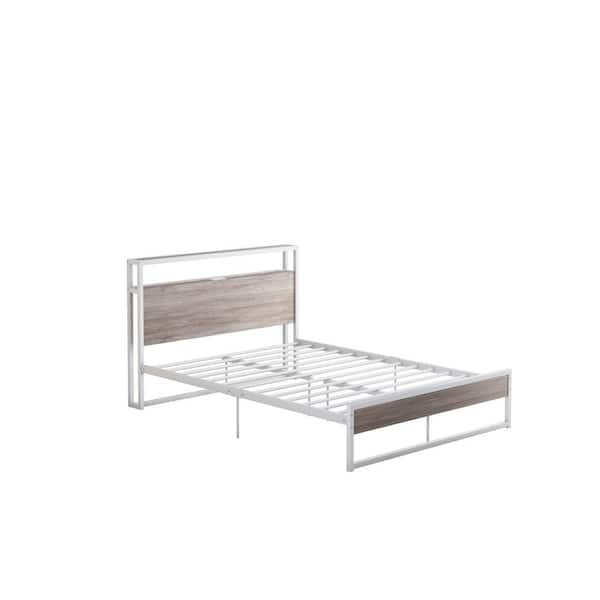wetiny 55.6 in.W White Full Size Metal Frame With A Sockets,USB Ports And Slat Support Platform Bed