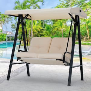2-Person Metal Patio Swing with Canopy and Cushions in Beige