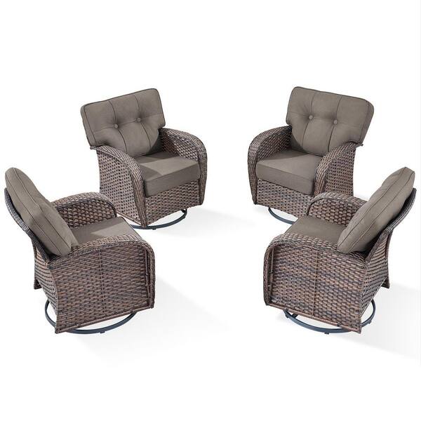 4-Piece Patio Wicker Outdoor Rocking Chair Set Swivel Glide with Gray Cushions