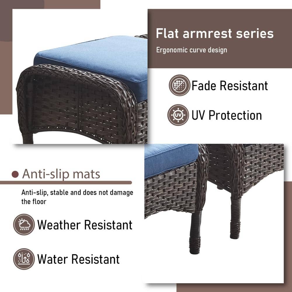 Brown Wicker Outdoor Ottomans with Blue Cushions Set of 2