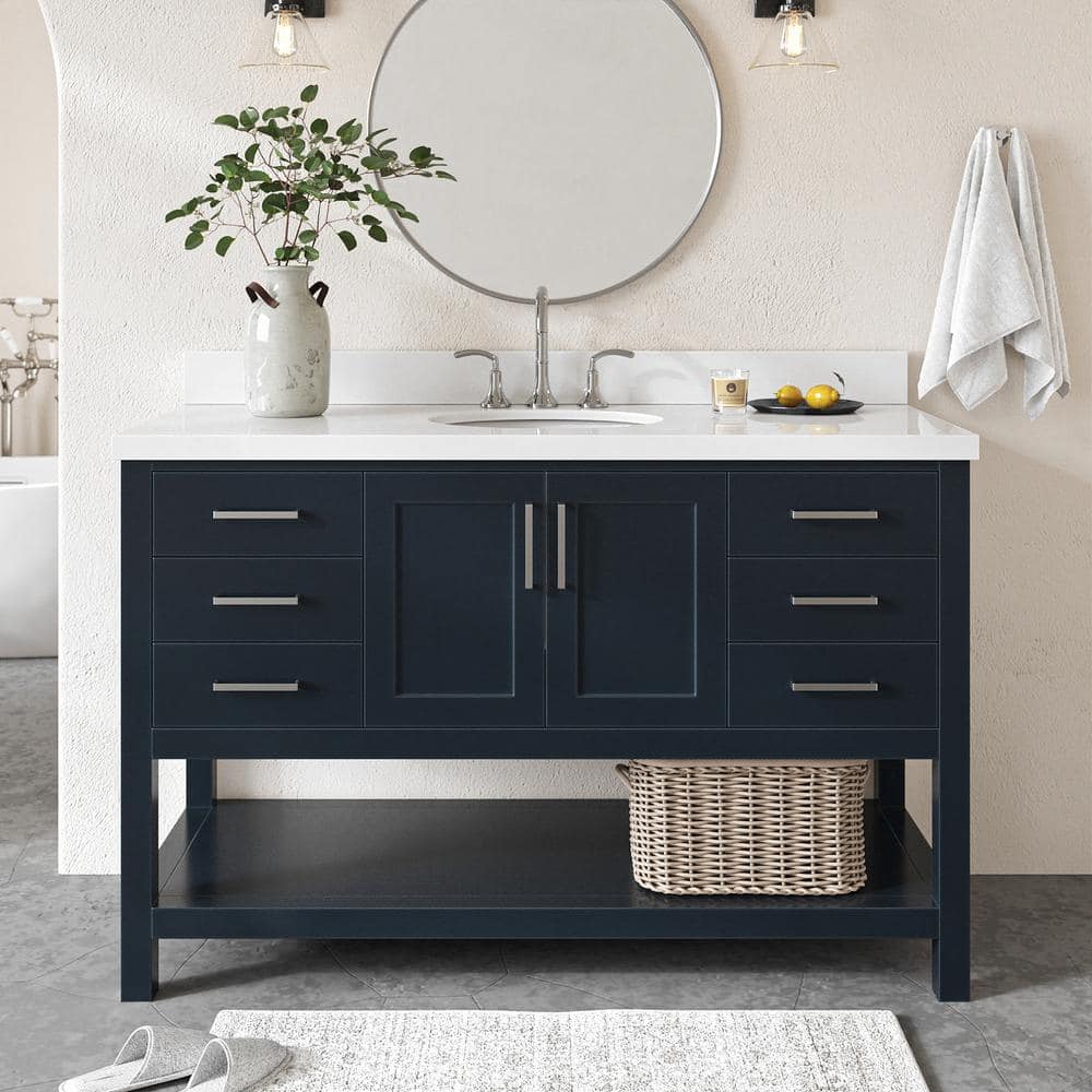 Magnolia 55 in. W x 22 in. D x 36 in. H Bath Vanity in Blue with Pure Quartz Vanity Top in White with White Basin -  ARIEL, S055SWQRVOMNB