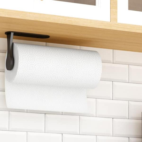 Black Paper Towel Holder Under Cabinet, One-Handed Tear, Wall Mount, Adhesive, Paper Roll Holder with Ratchet Mechanism