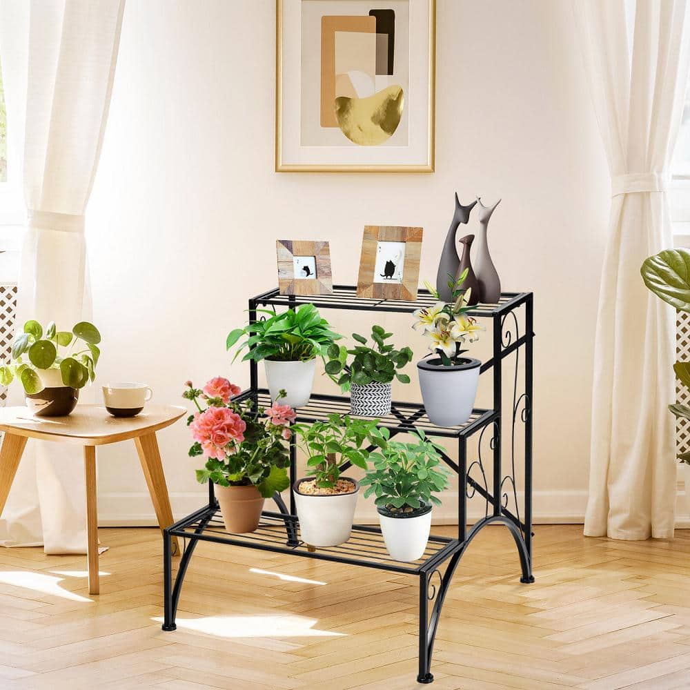 Black Iron 3-Tier Indoor Outdoor Plant Stand with Curved Lace Design