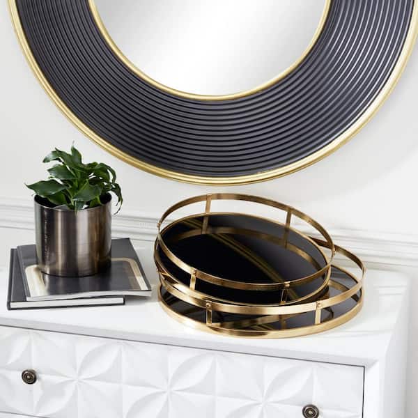CosmoLiving by Cosmopolitan Gold Metal Decorative Tray with Black Glass (Set of 2)