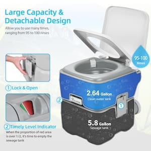 2.64 Gal. Gray Portable Toilet No Leakage Outdoor Camping Flush Toilet with Waste Tank