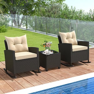 3-Piece PE Rattan Wicker Patio Conversation Set with Beige Cushions, Rocking Chairs and Tempered Glass Table