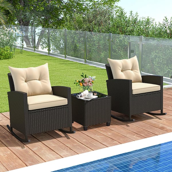 ANGELES HOME 3-Piece PE Rattan Wicker Patio Conversation Set with Beige Cushions, Rocking Chairs and Tempered Glass Table