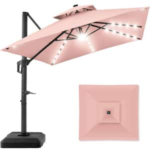 10 ft. Solar LED 2-Tier Square Cantilever Patio Umbrella with Base Included in Rose Quartz