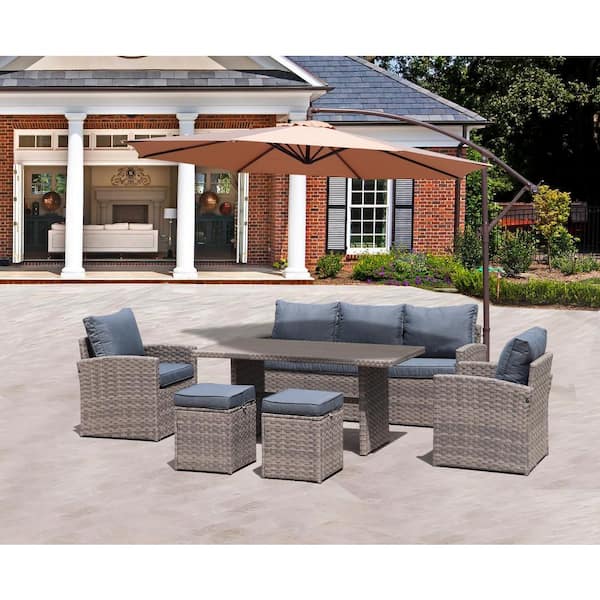 Afoxsos Light Brown 6-Piece PE Rattan Wicker Outdoor Sectional Sofa Set with Blue Cushions