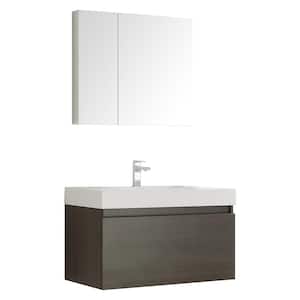 Mezzo 36 in. Vanity in Gray Oak with Acrylic Vanity Top in White with White Basin and Mirrored Medicine Cabinet