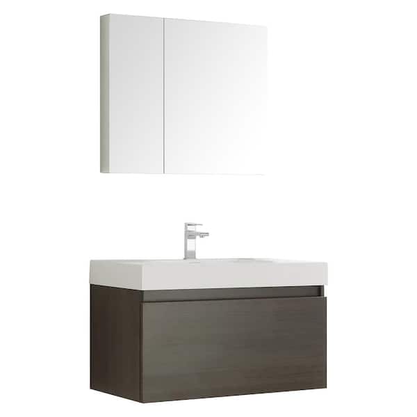 Fresca Mezzo 36 in. Vanity in Gray Oak with Acrylic Vanity Top in White with White Basin and Mirrored Medicine Cabinet