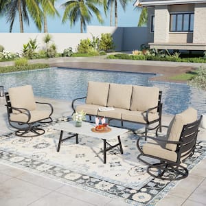 Metal 5 Seat 4-Piece Steel Outdoor Patio Conversation Set With Swivel Chairs, Beige Cushions and Marble Pattern Table