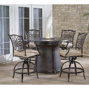 Traditions 5-Piece Aluminum Bar Height Round Outdoor Fire Pit Dining Set with Tan Cushions