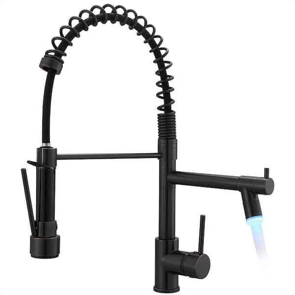 FLG Single Handle Commercial LED Pull Down Sprayer Kitchen Faucet Single-Hole Brass Sink Basin Faucet in Oil Rubbed Bronze