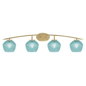 Siena 40 in. 4-Light Vanity Light New Age Brass with Turquoise Textured Glass Shades