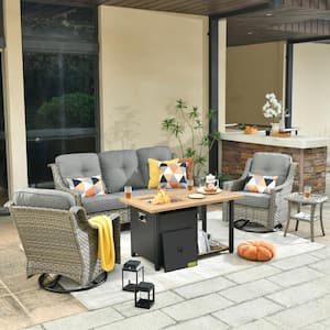 Tulip D Gray 5-Piece Wicker Patio Storage Fire Pit Conversation Set with Swivel Rocking Chairs and Dark Gray Cushions