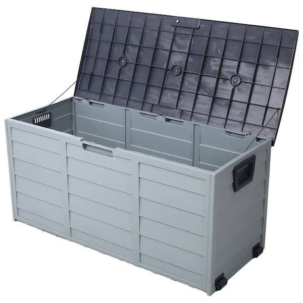 75 Gal. Plastic Gray Deck Box Storage Shed Bin with Wheel, Resin Deck Box for Patio Furniture, Garden Tools, Pool Toys
