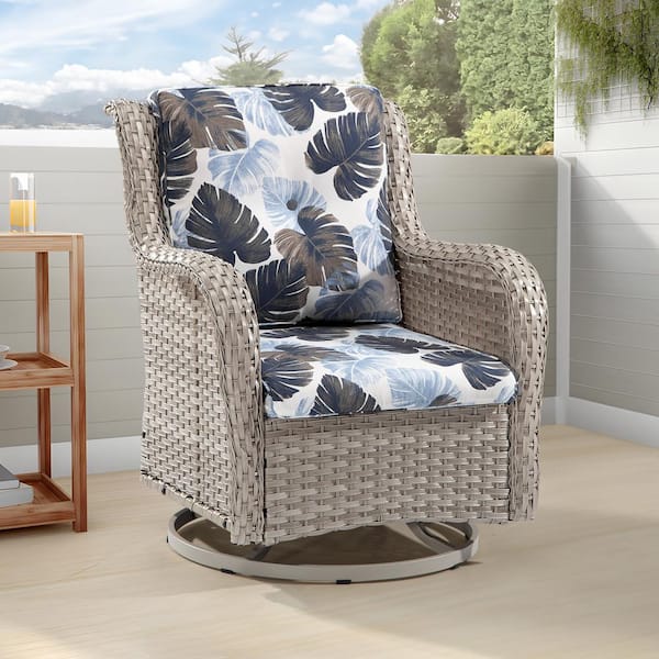 JOYSIDE Wicker Outdoor Rocking Chair Patio Swivel with Monstera Blue Cushions