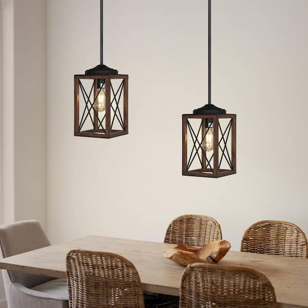 60-Watt Dining Room Adjustable Pipes Pendant Light with Bronze Wooden Grain Shade, Bulbs Not Included (2-Pack)