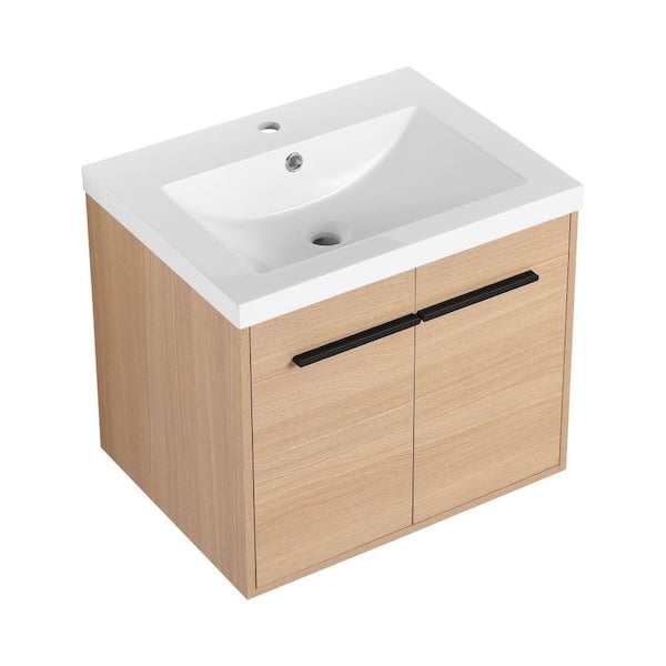 Modland Lesta 23 in. W x 18 in. D x 20 in. H Single-Sink Wall Mounted Soft Closing Bath Vanity in White Oak with White Resin Top