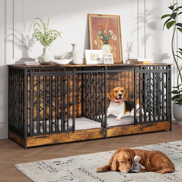 79 in. Rustic Brown Double Dog Crate with Metal Frame, Divider Kennel Table for Medium to Large Dogs, 100 lbs. Capacity